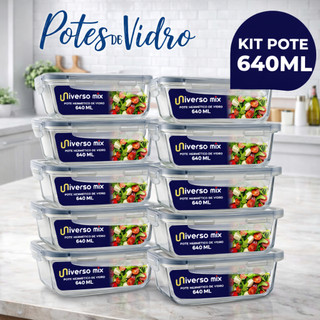 Kit 10 Potes Herméticos De Vidro 640ml Retangular Com Tampa Hermética 4 Travas Marmita Fi…