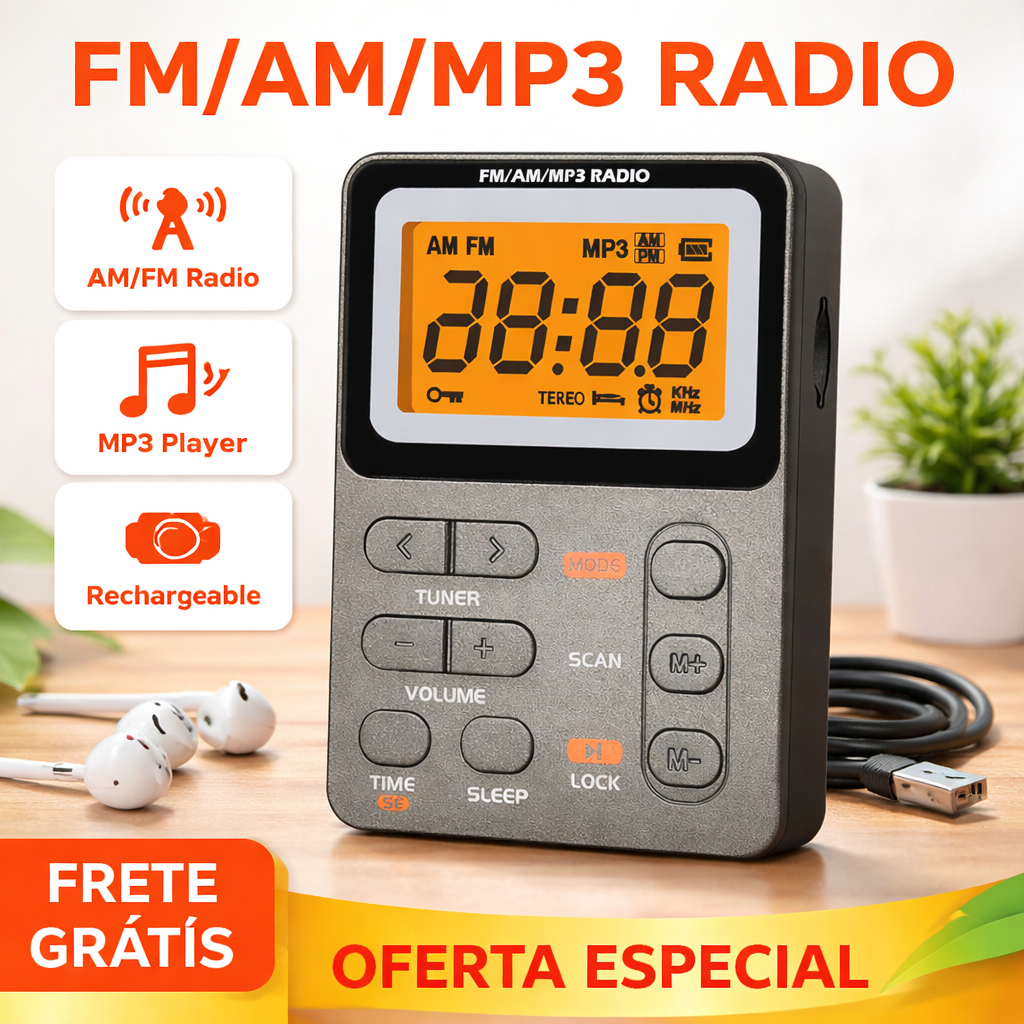 Mini Rádio Digital Am/fm e mp3 Estéreo Portátil Com Fone De Ouvido iBoa Presentes