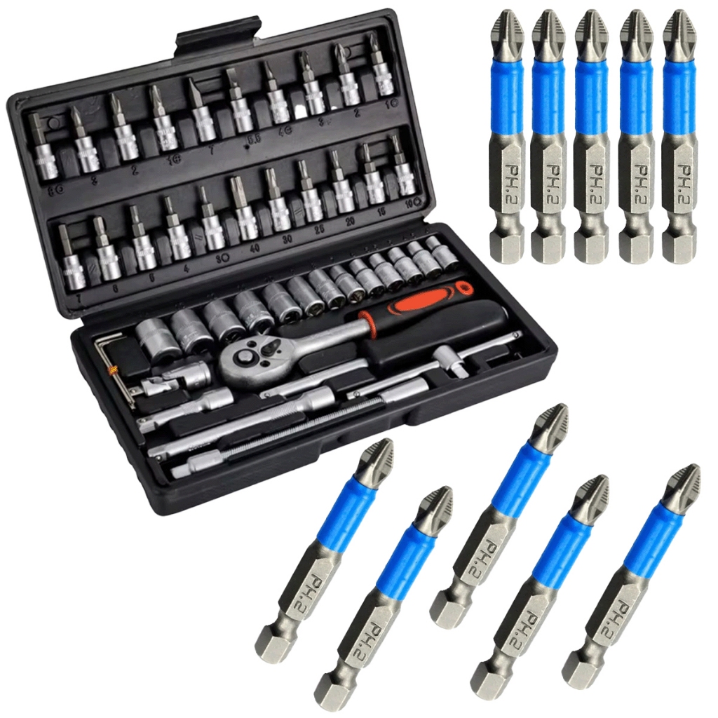 Kit Ferramentas Soquete 1/4 46 peças + Jogo Bits Phillips 10 Peças em Oferta na Shopee