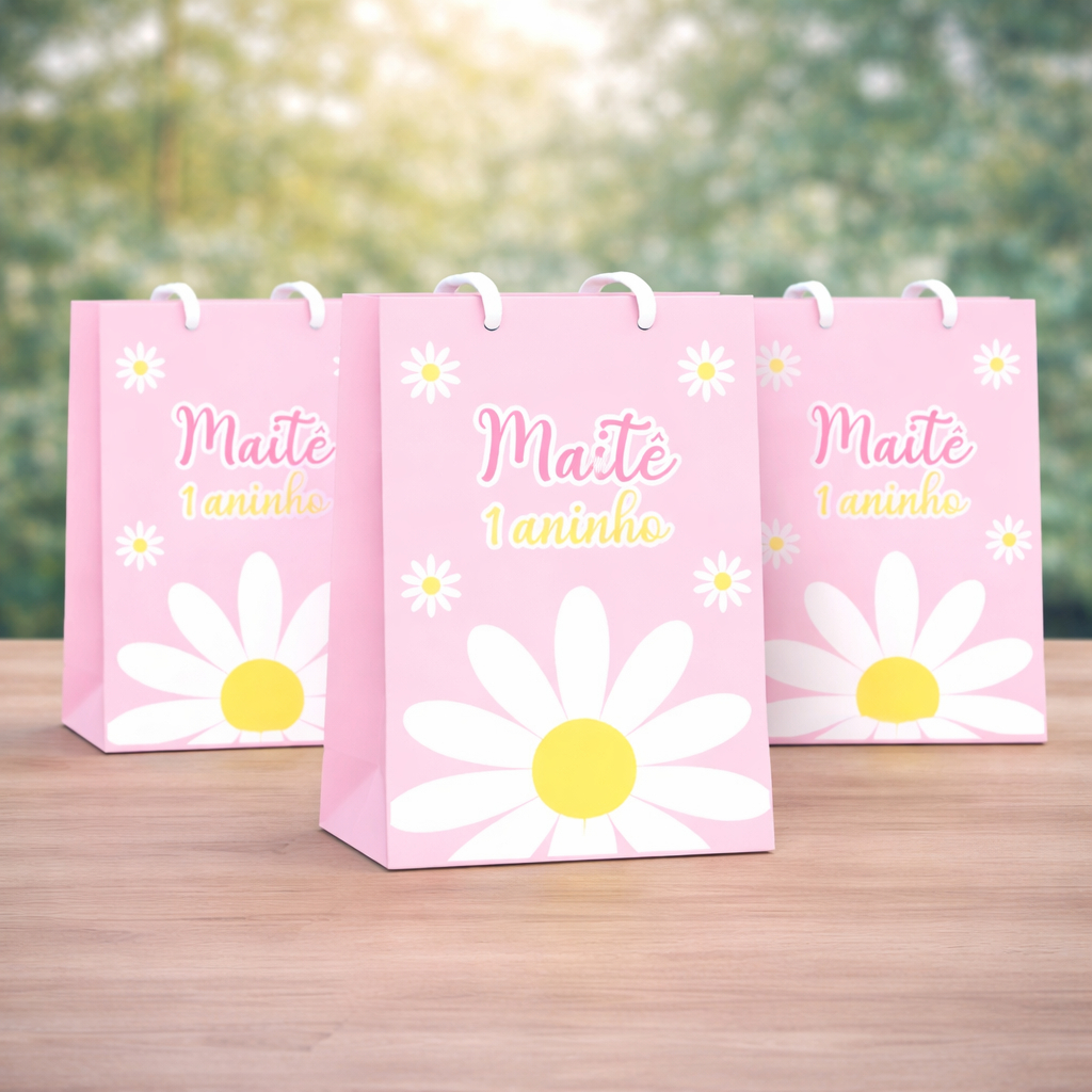 Sacolinha Personalizada Lembrancinha Festa Aniversário Pegue e Monte - Margaridas Girassol