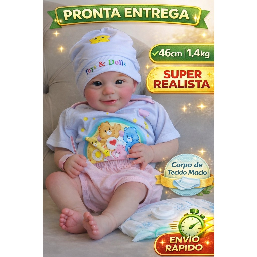 Bebê Reborn 46cm Realista Corpo de Tecido 1,4kg + Kit Completo Pronta Entrega