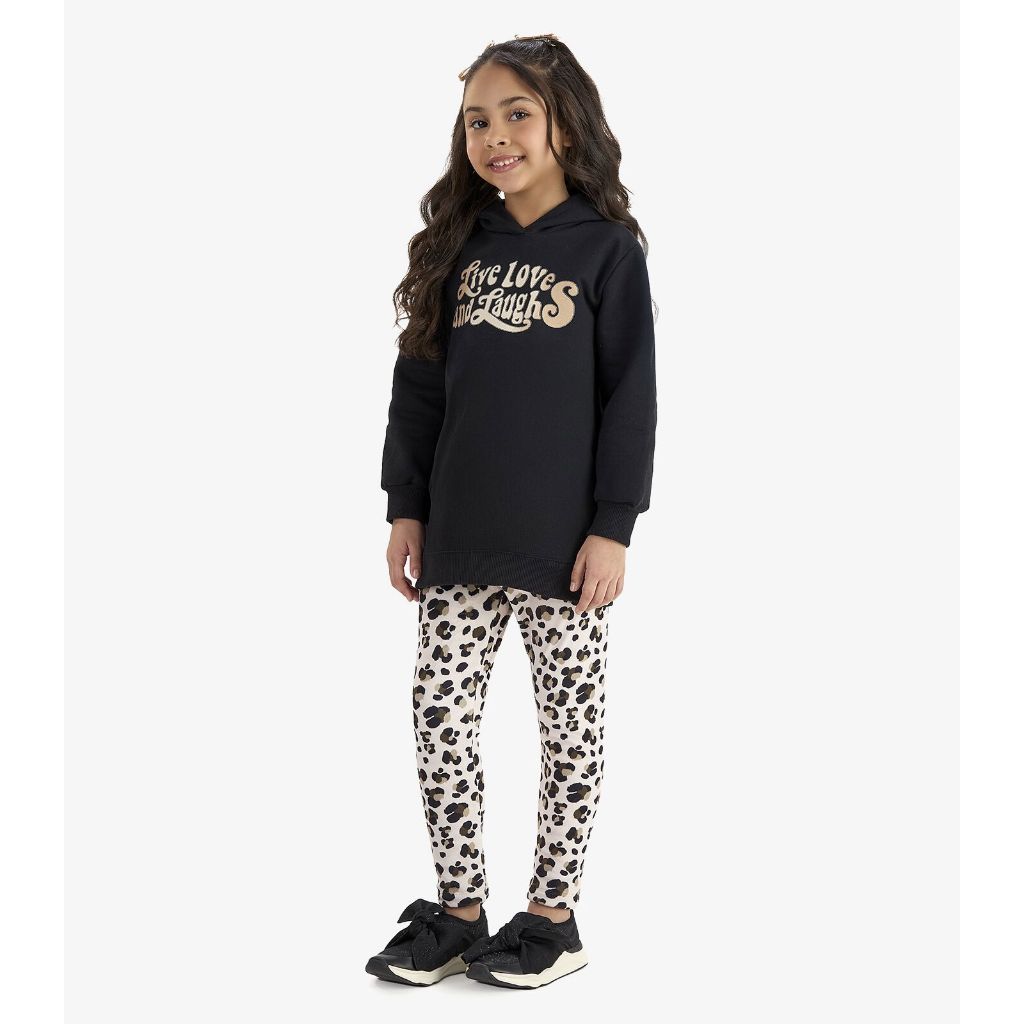 Conjunto Infantil Moletom com Capuz + Legging Animal Print Inverno Menina Casual Estiloso