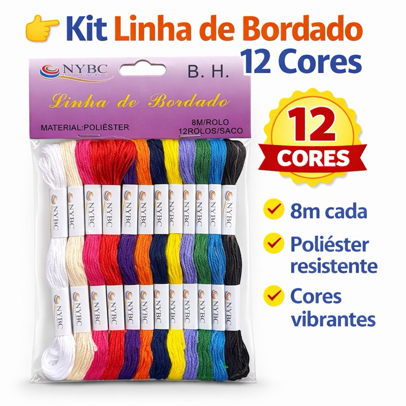 Kit C/12 Meadas p/bordado 8mts 100% Poliéster - Cores sortidas NYBC em Oferta na Shopee