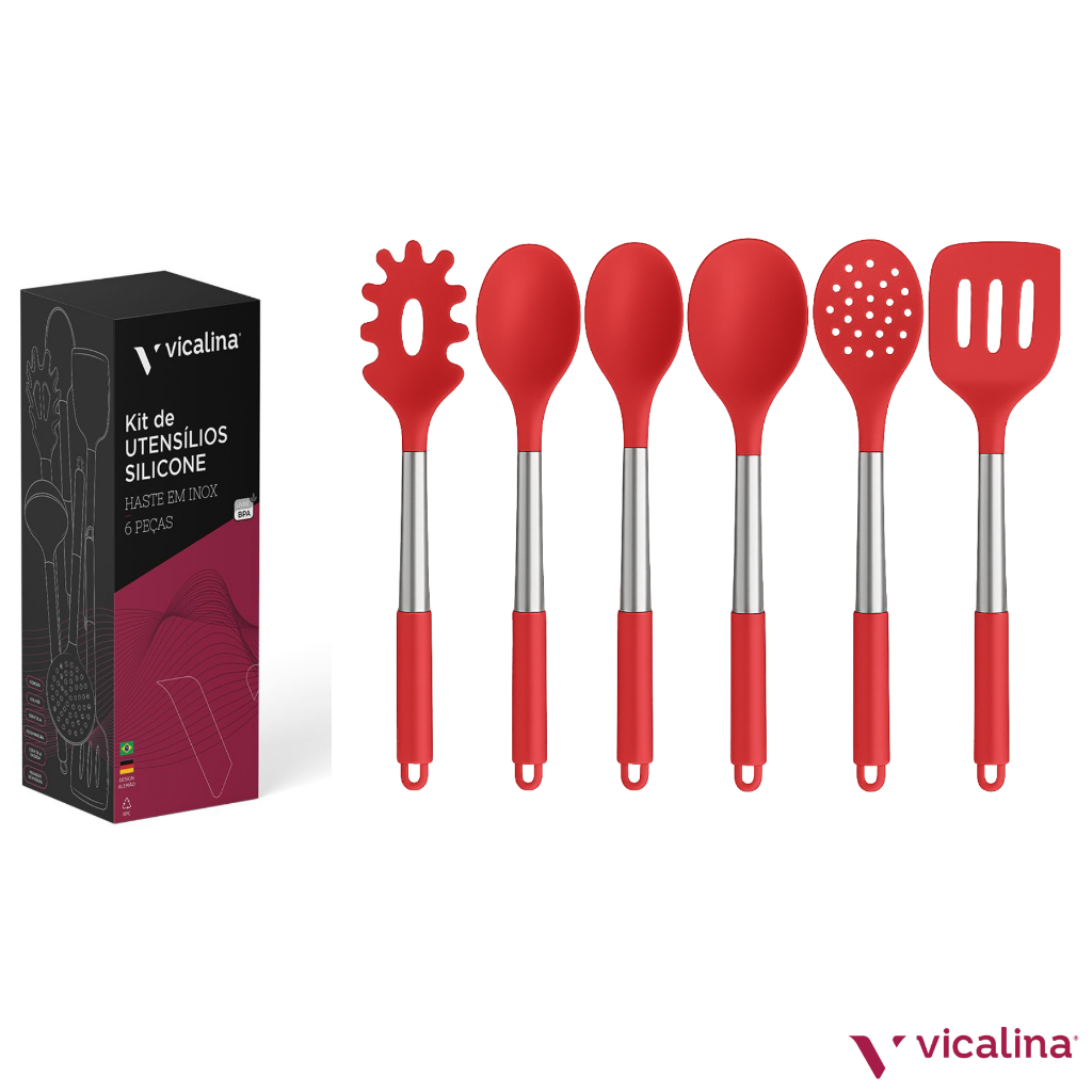 kit jogo utensilios inox com silicone premium Vicalina