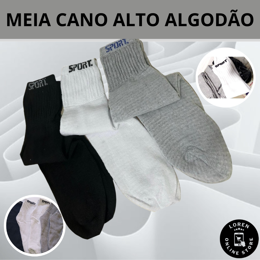 Kit 12 ou 06 Pares De Meias Cano Alto Sport Sortidas Algodão Masculino Feminina Unissex em Oferta na Shopee