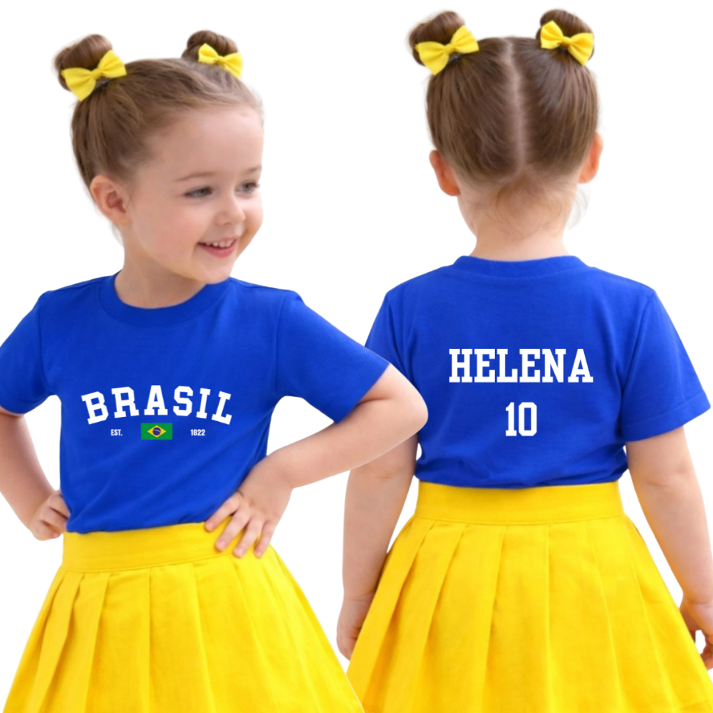 Look Copa do Mundo: Camiseta Brasil Branca Infantil Menina Personalizada com Nome da Criança Algodão Macio