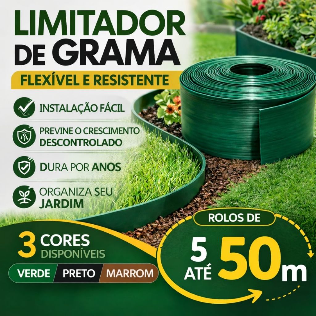 Limitador de Grama Separador Divisor Jardim Portão - 5M até 50M - 10cm - Verde/Preto/Marrom