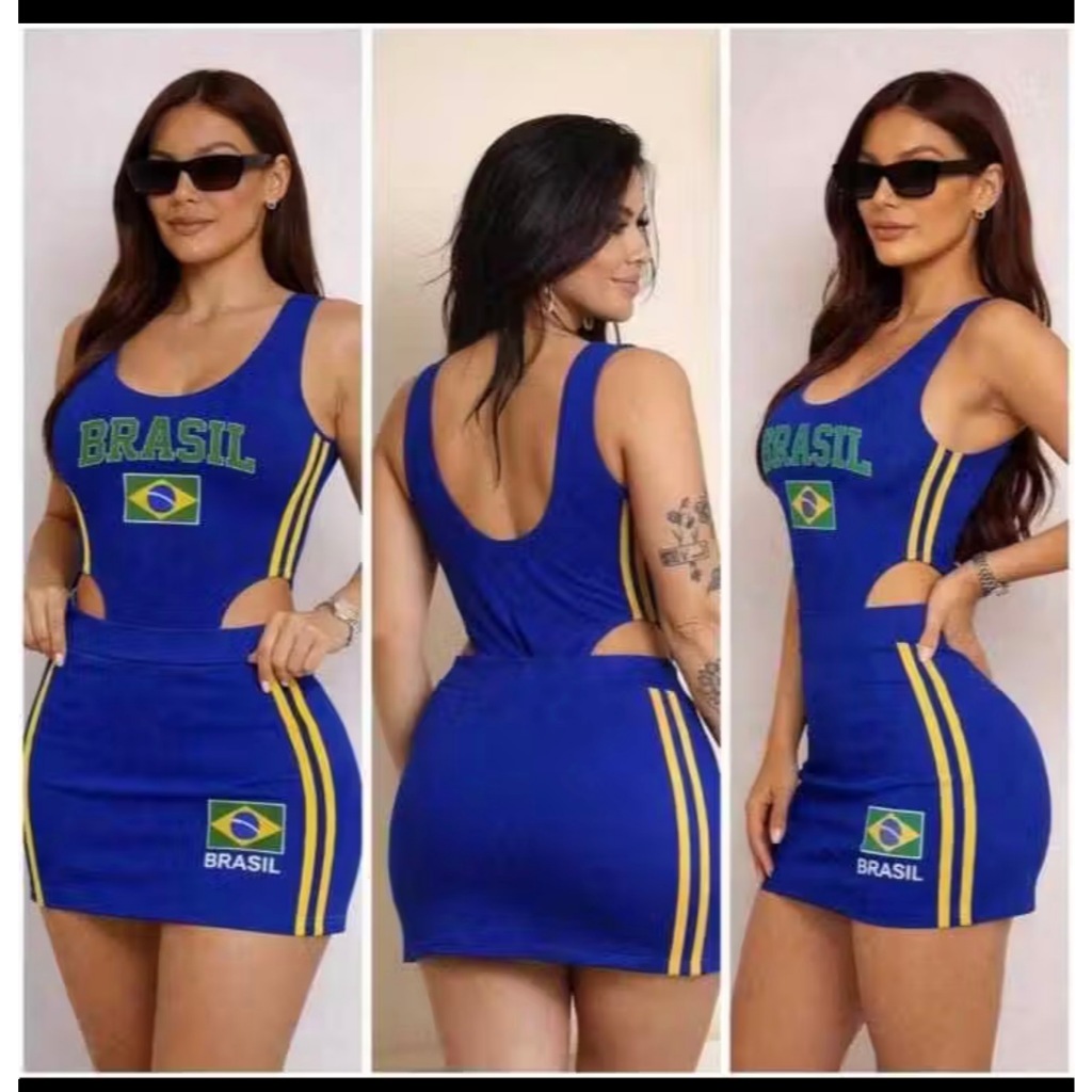Conjunto Feminino Saia E Body Cavado Blusa Do Brasil Blusa Da Seleção Brasileira Copa.