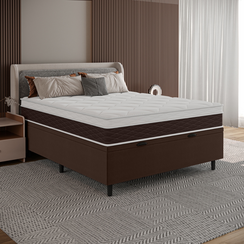 Cama Box Baú Casal Molas Ensacadas e Espuma D26 com Euro Pillow 138x188x66 Marrom Umaflex