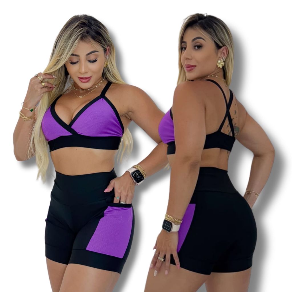 Conjunto Feminino Academia Top Short com Bolso Fitness