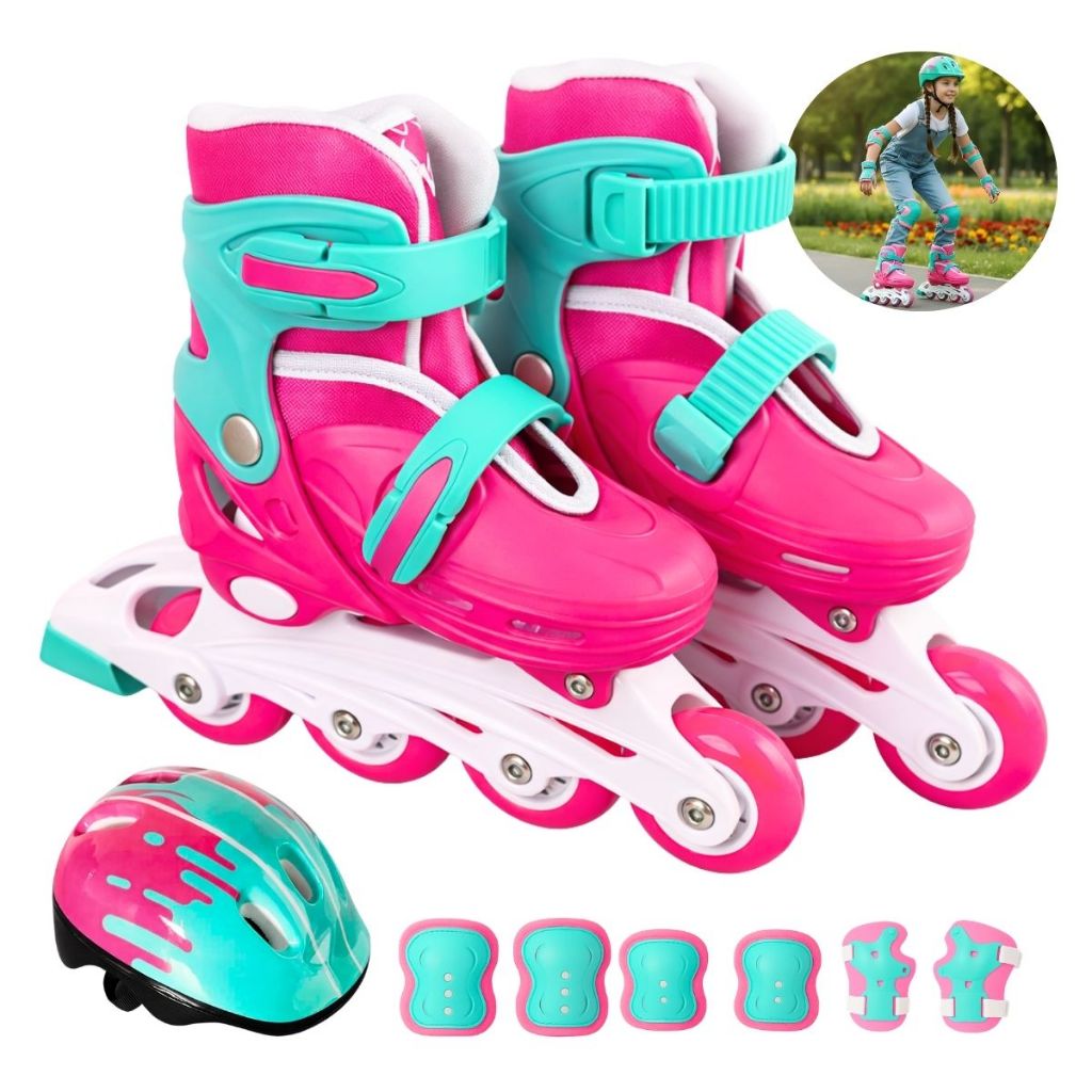 Patins 4 Rodas Infantil Inline Ajustável + Proteção Rosa