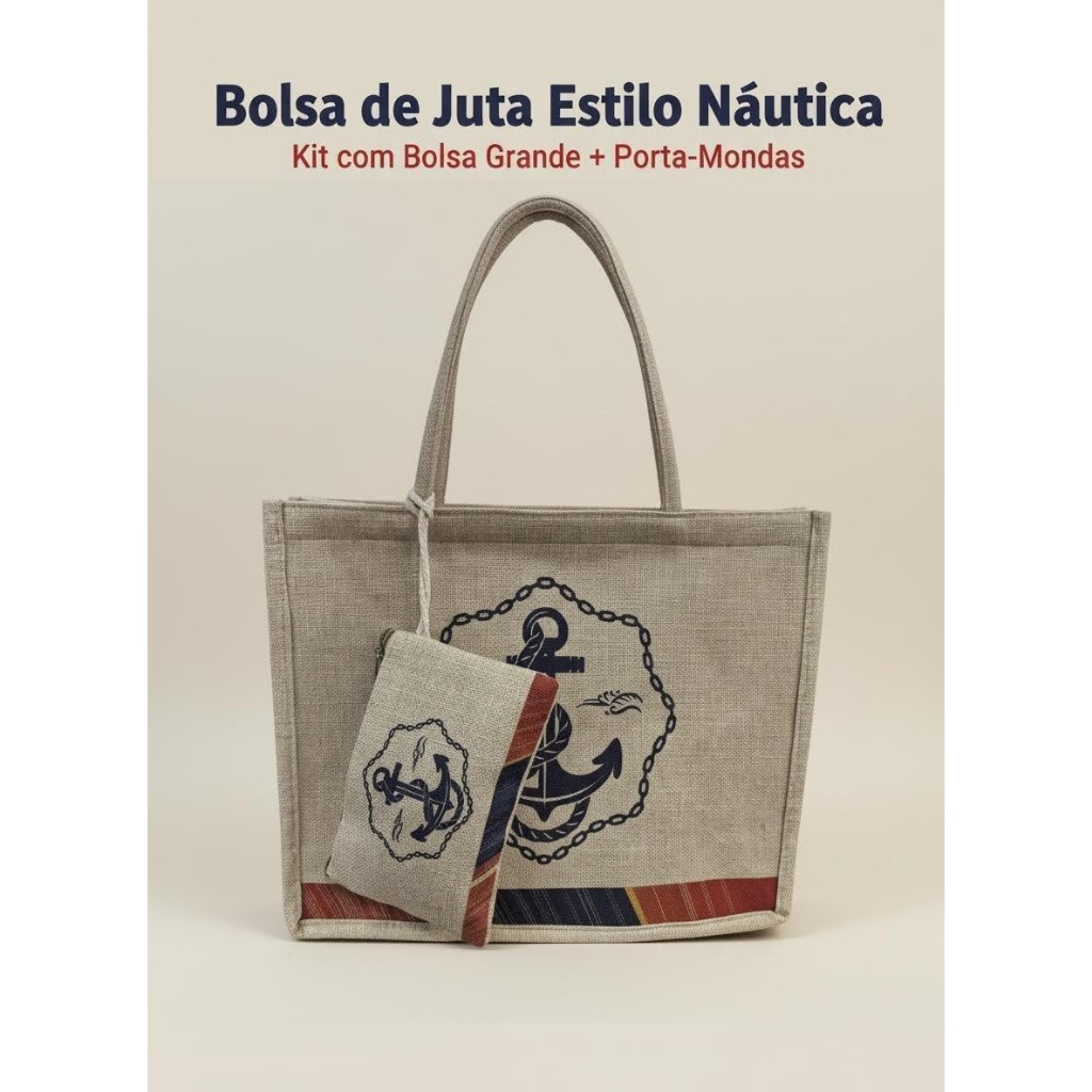 Bolsa Mãe e Filha em Tela de Linho Estilo Náutico Bordado Capacidade Grande Para Viagem à Praia 2501