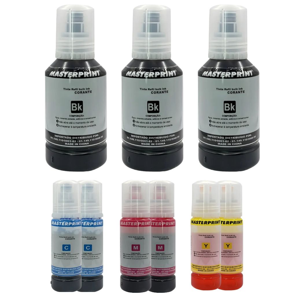 Kit 9 Refil Tinta P/ Uso Epson T504 T544 L3110 L3150 L3250 (3 Refil Preta/2 Refil Ciano/2 Refil Magenta/2 Refil Amarelo)