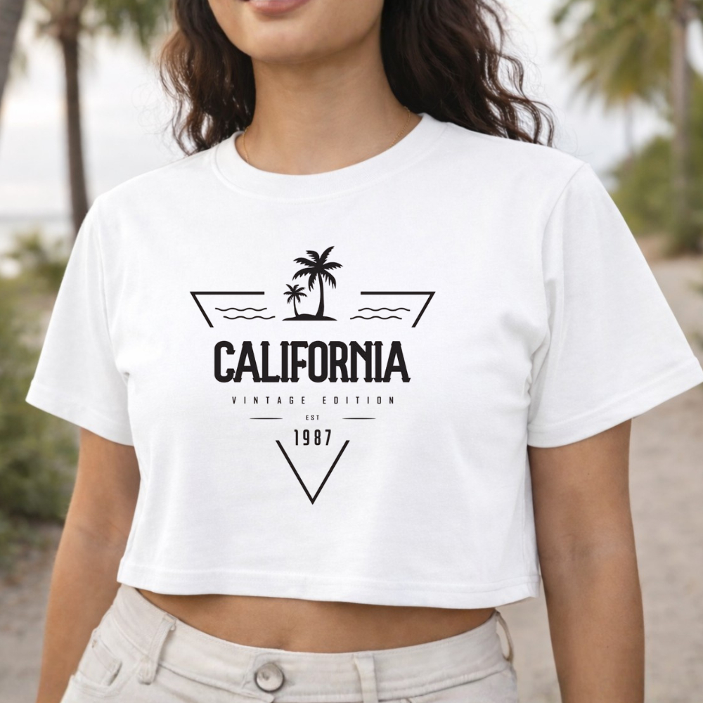 Camiseta Cropped Feminino Tshirt California Vintage Blusa Blogueira Tendencia Verão Casual Confortável Retro 100%Algodão