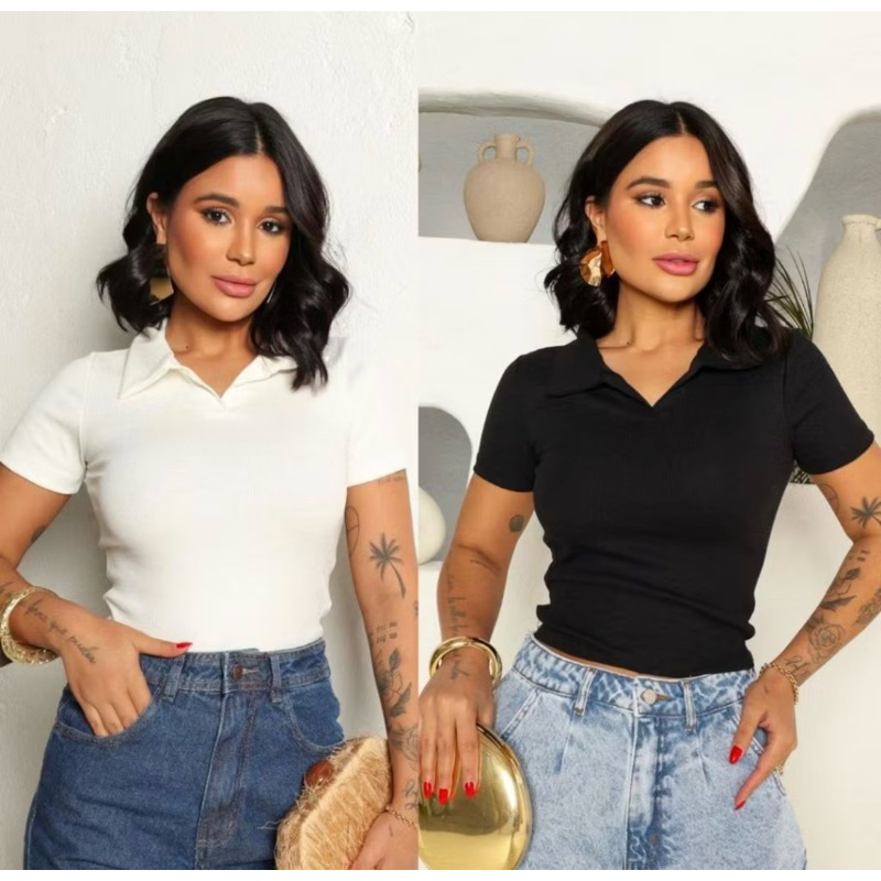 KIT 2 BLUSA GOLA POLO MODA FEMININA BÁSICO CASUAL SOCIAL TRABALHO RIBANA ALGODÃO MANGUINHA VERÃO DIA A DIA ELEGANTE