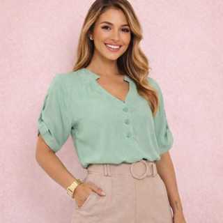 Blusa Feminina Decote V Com Botões Viscolinho Básica Social Manga Curta em Oferta na Shopee