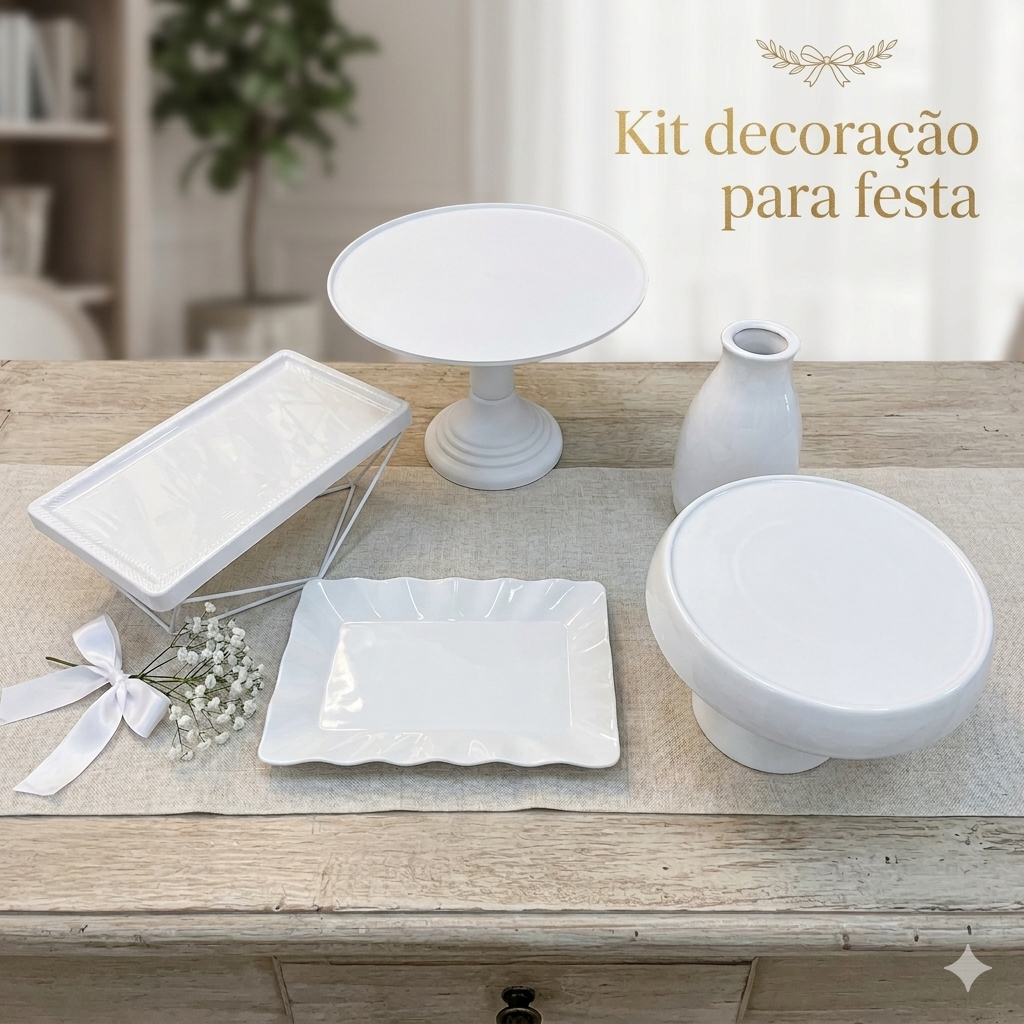 Kit Decoração Profissional 5 Peças Todas as Croes - 1 Boleira 3 Suportes e 1 Vaso