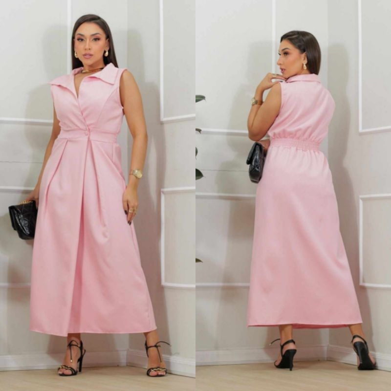 Vestido Feminino alfaiataria Elegante Decote V Cintura Marcada Moda Social Executiva