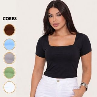 Blusa Feminina Manga Curta Baby look Decote Quadrado Suplex Premium Forro Duplo Blusinha Blogueira em Oferta na Shopee