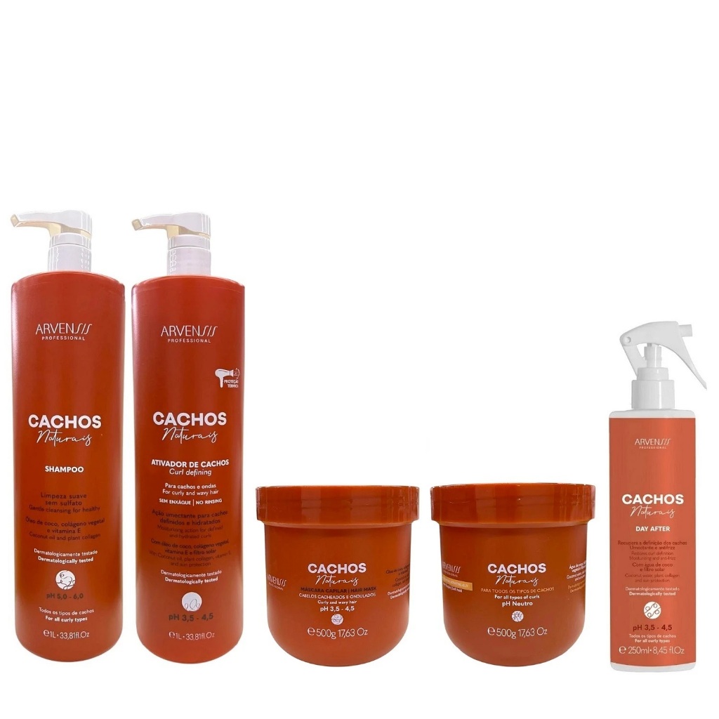 Kit Arvensis Cachos Naturais - Shampoo & Ativador De Cachos 1L & Máscara 500g & Geleia Suave 500g + Day After 250ml
