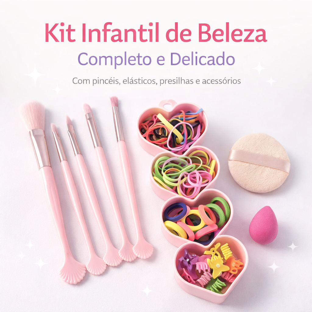 Kit 137 itens Infantil de Beleza com Pincéis Elásticos Presilhas Esponja e Puff