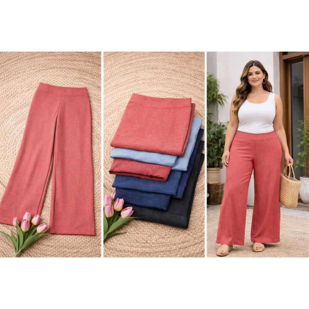 Calça Pantalona Feminina Viscolinho Cintura Alta Confortável P ao G1