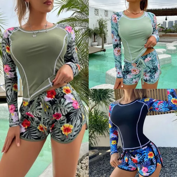 Conjunto De Maiô Feminino E Shorts De Manga Comprida Proteção Solar Estampado Floral 2 Peças