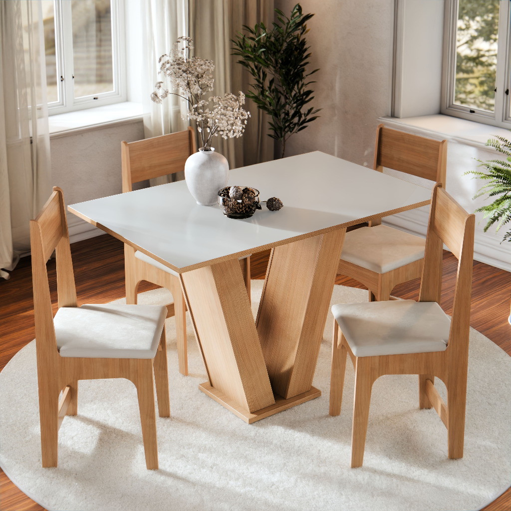 Conjunto Sala de Jantar Vivi Mesa 110cm com 4 Cadeiras Estofadas MDF MDP Moderna e Cor Mel Off White