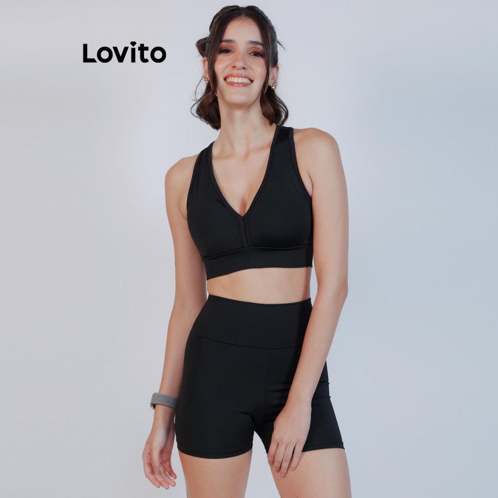 Lovito Top Esportivo Feminino Liso Decote V PKB17941824