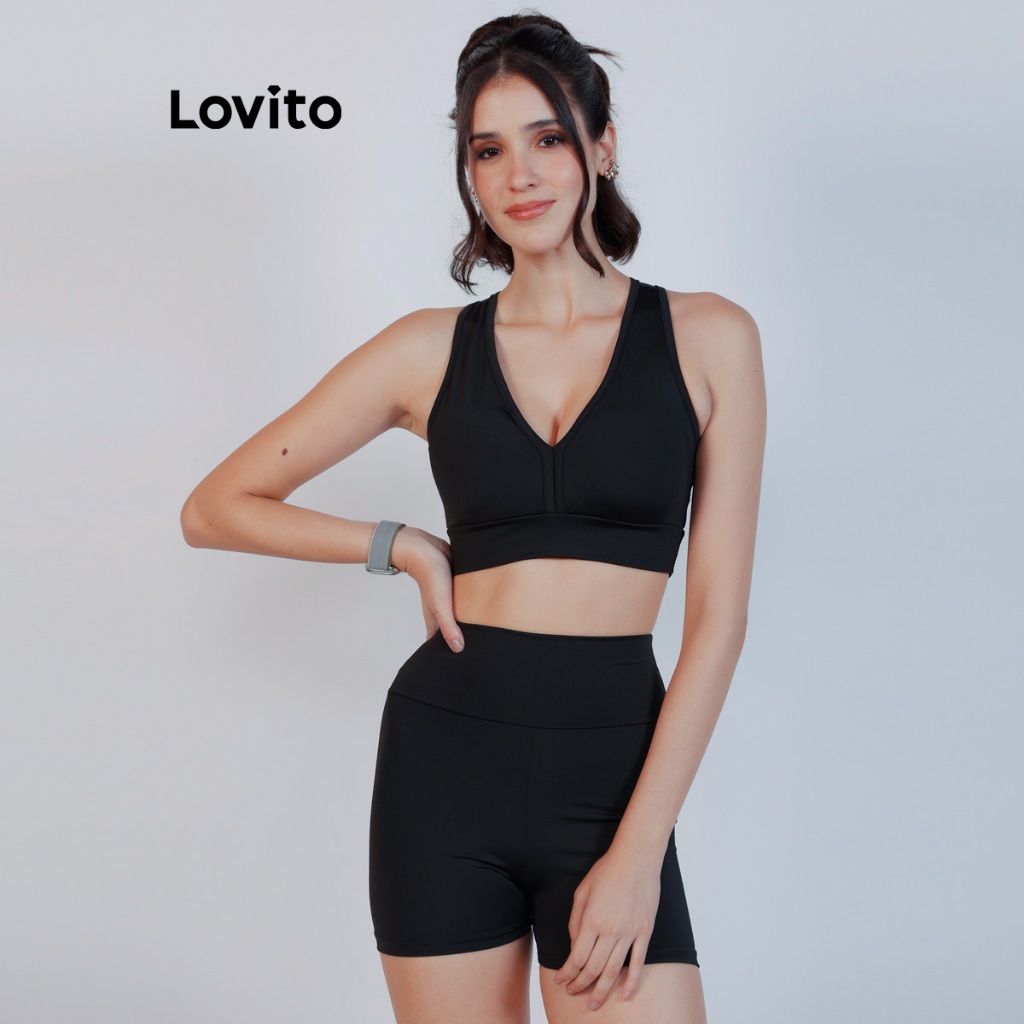 Lovito Top Esportivo Feminino Liso Decote V PKB17941824 em Oferta na Shopee