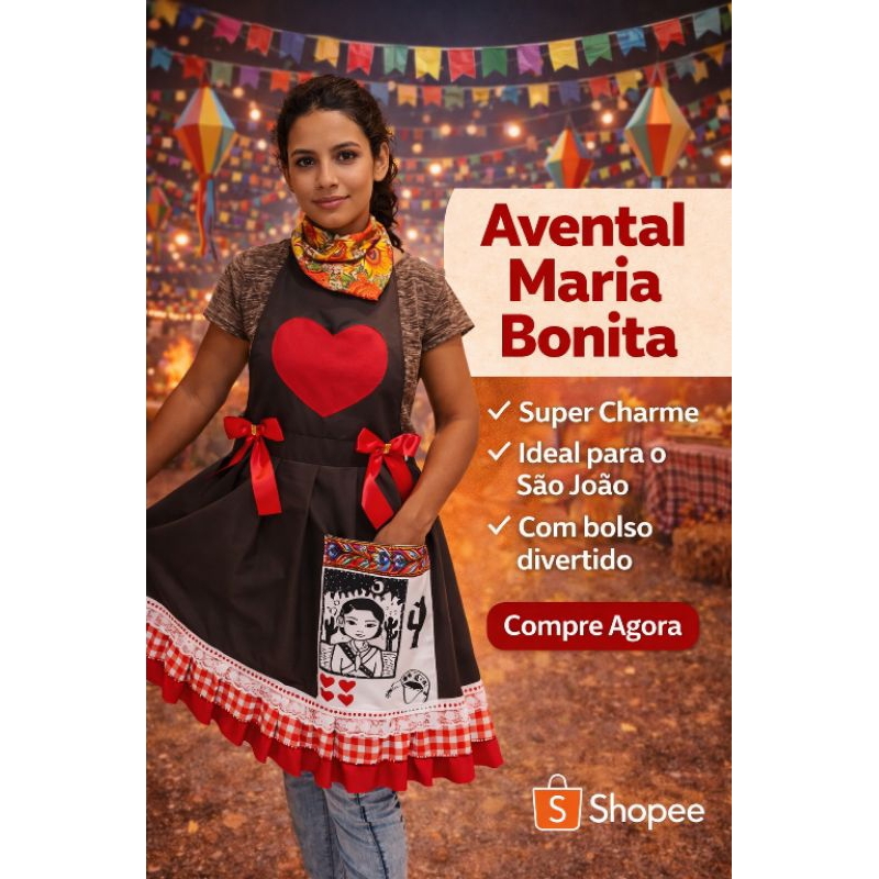 Avental Festa Junina Maria Bonita Feminino com Bolso – Avental Caipira São João, avental de professora, festa junina.
