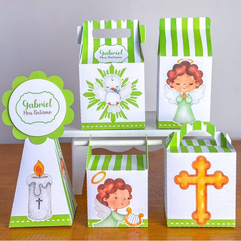 PEGUE E MONTE - Kit Festa Personalizados - BATIZADO VERDE - Lembrancinhas Caixinhas para festa