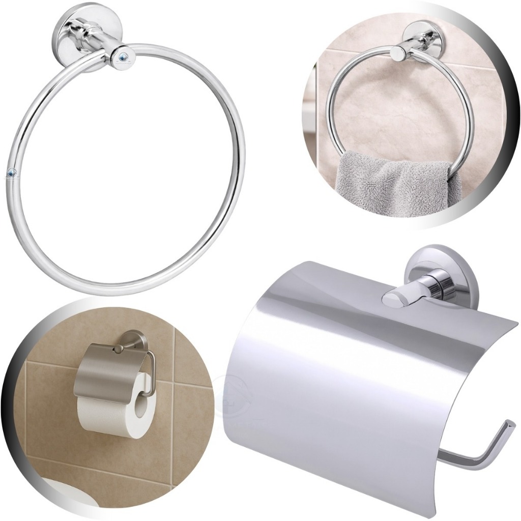 Kit Banheiro Papeleira Com Tampa Inox + Porta Toalha Rosto Argola Cromado Acessórios Parede