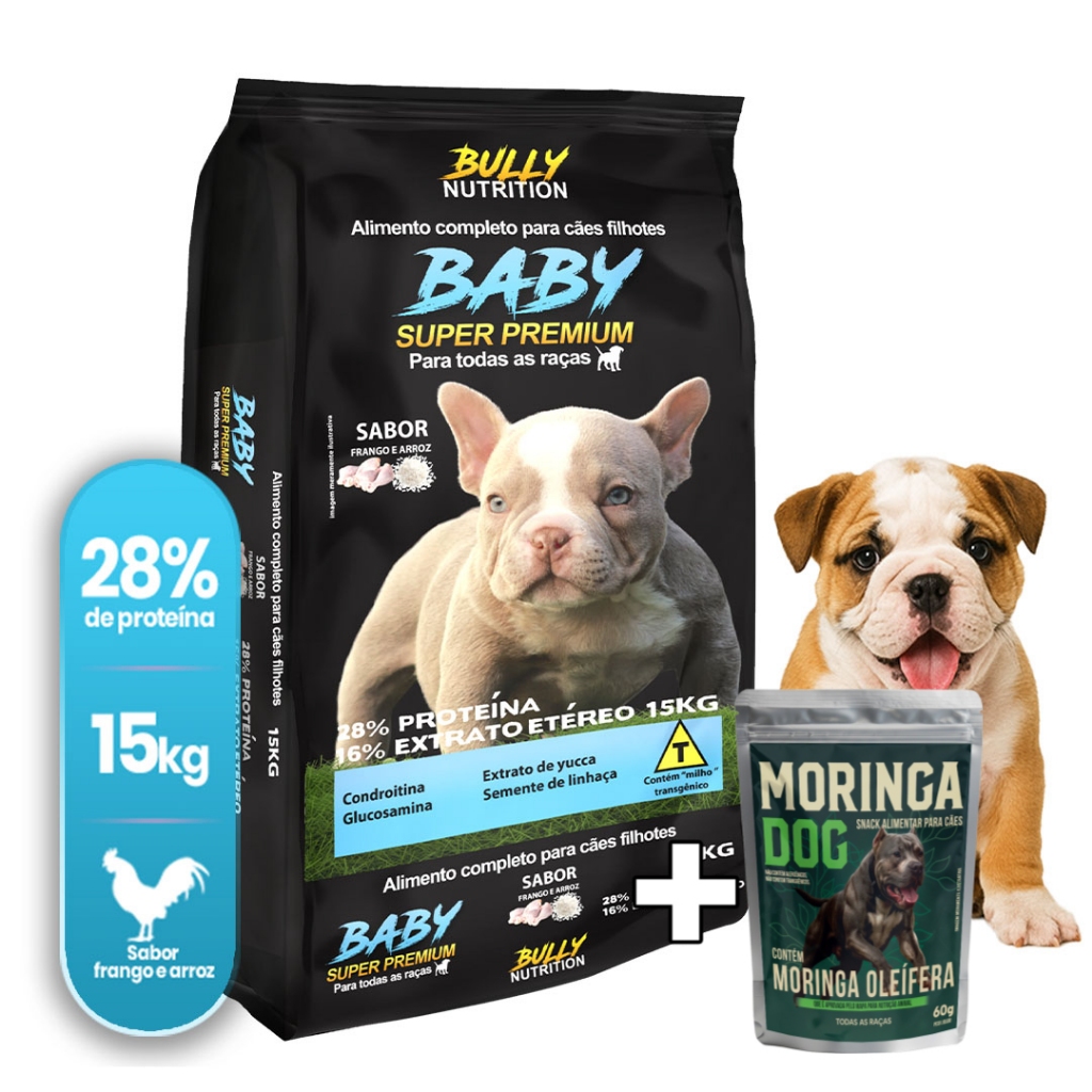 Ração Cães Filhotes Buldogue Ingles Baby SuperPremium 15Kg+Ganhe MoringaDog 60g|Crescimento Saudavel