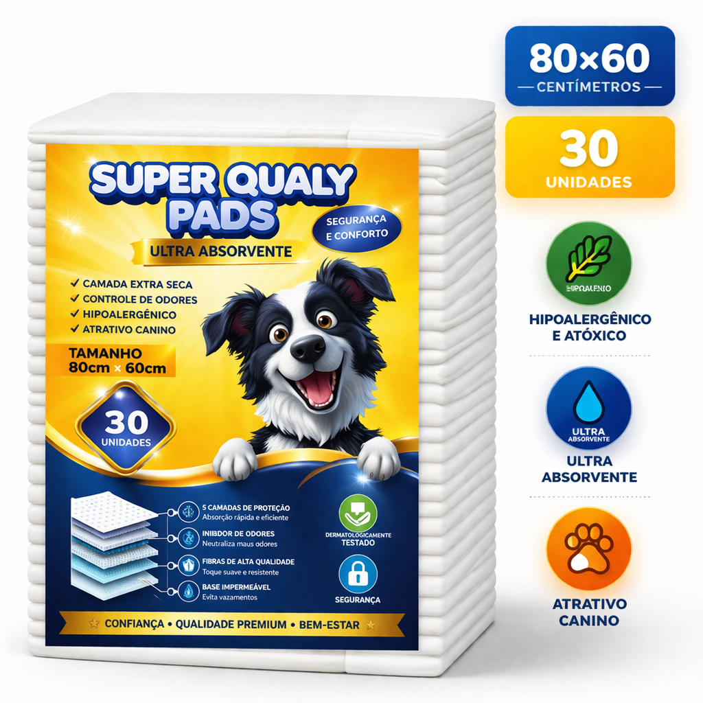 Tapete Higiênico Cães Super Qualy Pads 80x60 Giga - 30 Unidades - Camada Extra Seca e Hipoalergênico em Oferta na Shopee