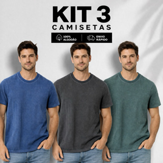 kit de 3 Camisetas Estonadas Masculinas 100% algodão em Oferta na Shopee