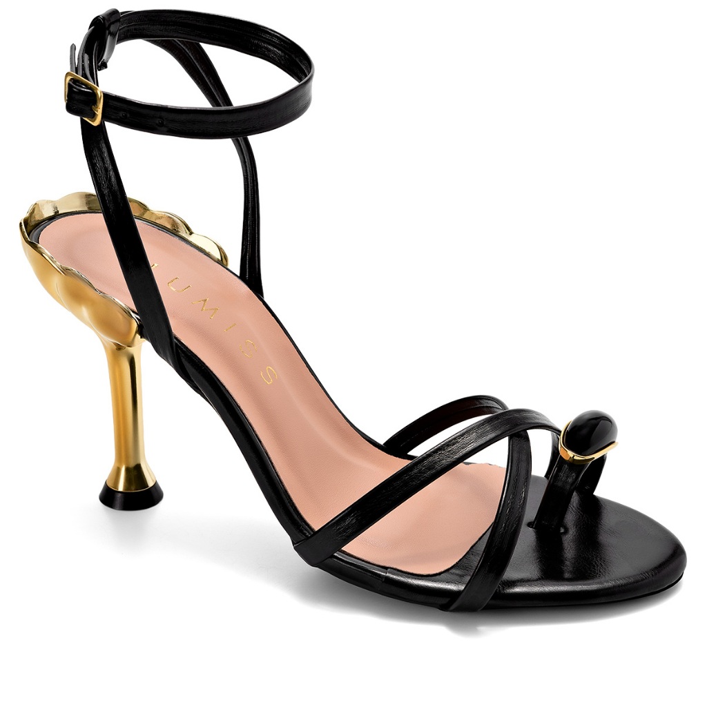 Sandália Feminina Lumiss Salto Alto Fino Metalizado Tiras Finas Delicada Preto