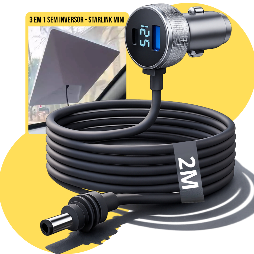Cabo Carregador Compativel Starlink Mini Internet 3 Em 1 Usb Tipo C Adaptador 2m 12v 24v Veicular