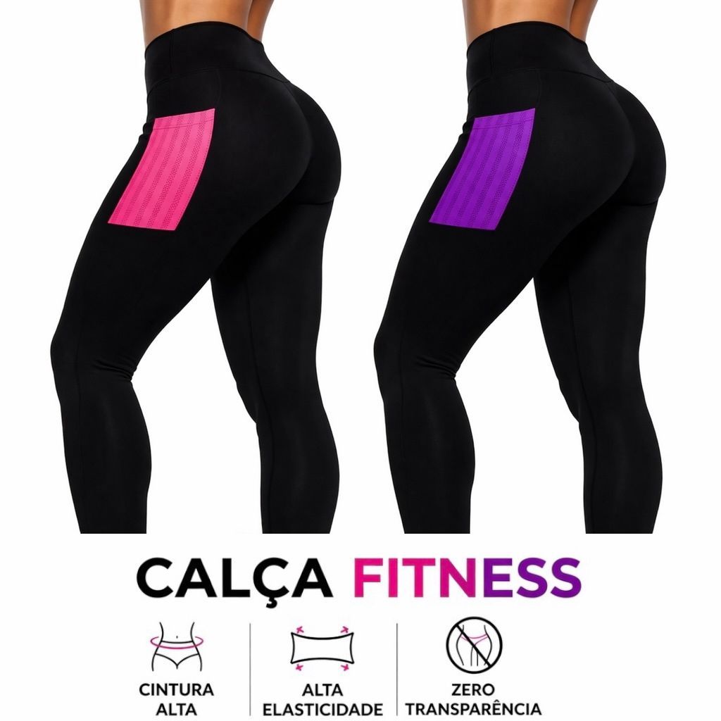 Calça Legging Fitness Feminina Suplex Cintura Alta com Bolso Academia Zero Transparência Alta Elasticidade