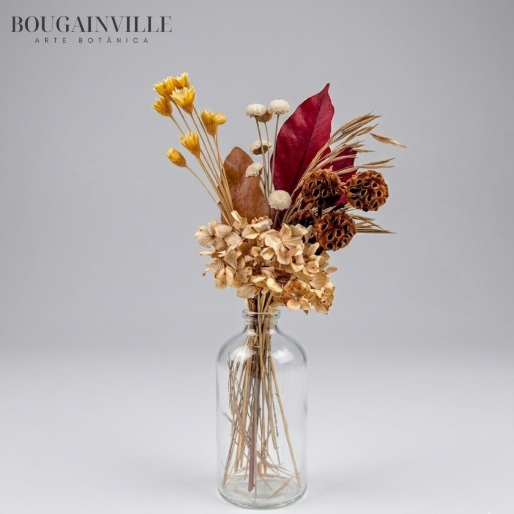 Arranjo de Flores Secas Desidratadas para decoração Vidro Incolor para Decorar Lembrancinha REF 01