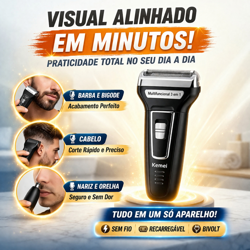 Aparador Kemei 3 em 1 Sem Fio – Barba, Cabelo e Nariz com Precisão e Conforto