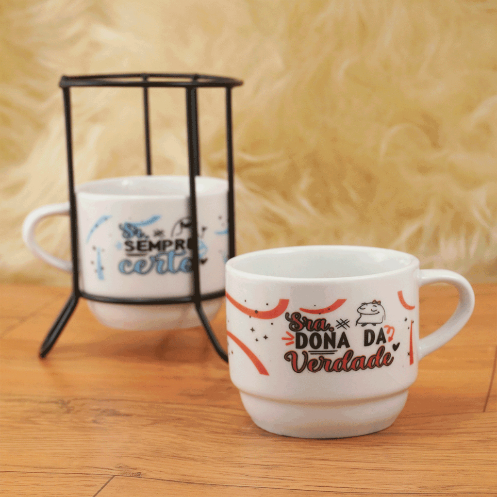 Kit 2 Xícaras empilhável Porcelana 210ml Chá Café Flork Casal Branca+ Suporte Metal