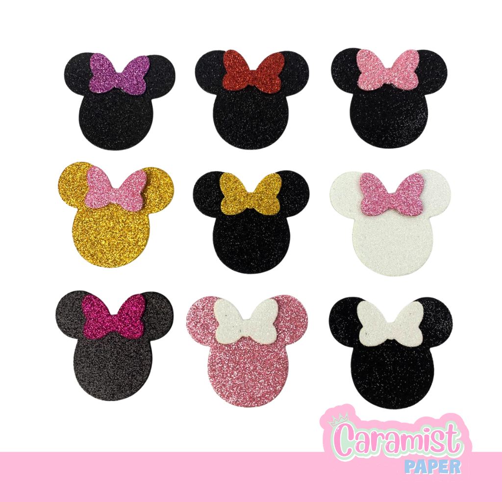 Apliques Orelhinhas Minnie Glitter em EVA de 6,5cm x 4,5cm para caixinhas, tampas, enfeite e mais