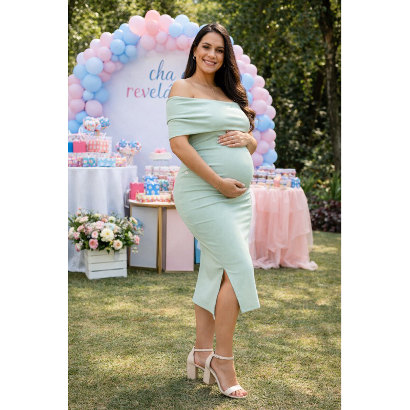 Vestido para Grávida Midi Elegante com Fenda para chá de fralda e ensaio gestante