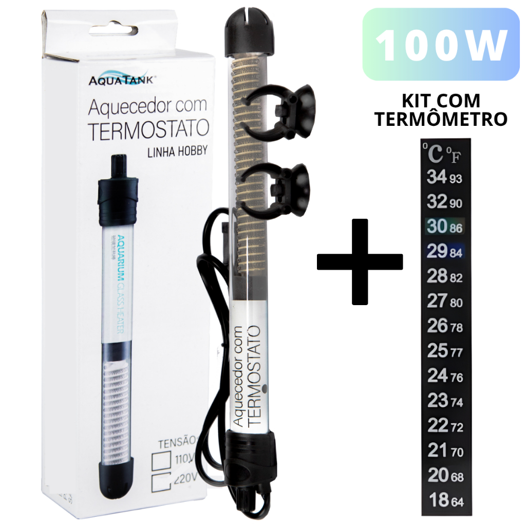 Termostato Aquecedor 100w com Termometro para Aquarios até 100 Litros Linha Aquatank Hobby