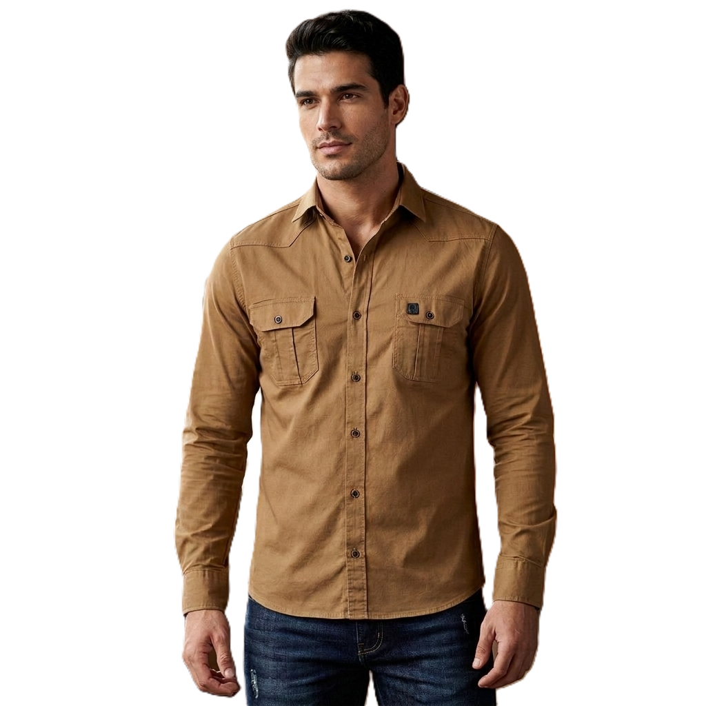 Camisa Social Amil Manga Longa Masculina Slim Fit Estilo Militar 100% Algodão 2 Bolsos