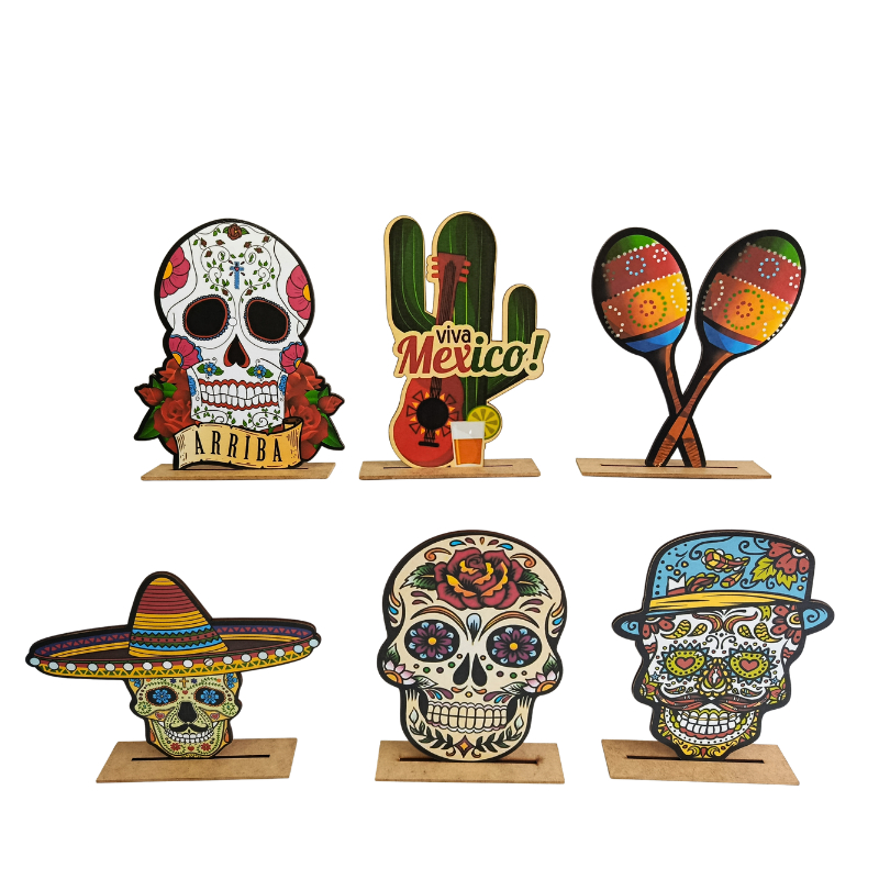 Kit Display de Mesa 6 Peças Festa Caveira Mexicana Masc MDF