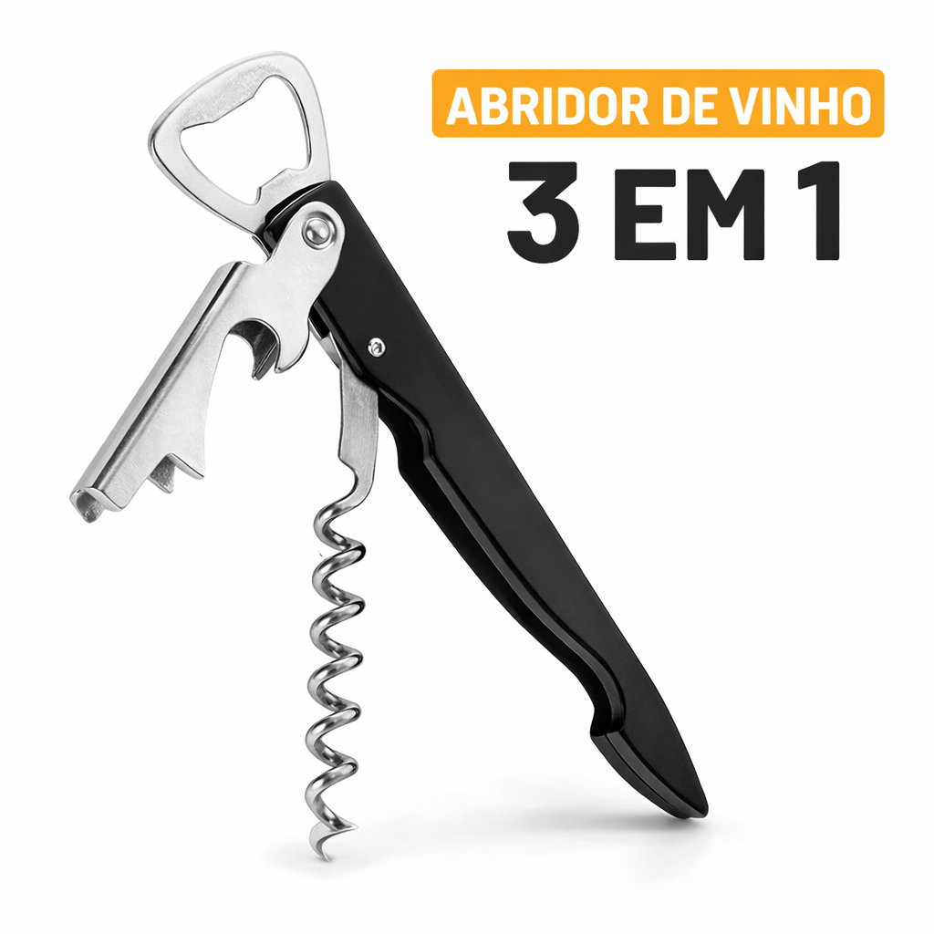 Abridor de Vinho 3 em 1 Saca Rolhas Garçom Profissional Inox Abridor de Garrafa Multifuncional