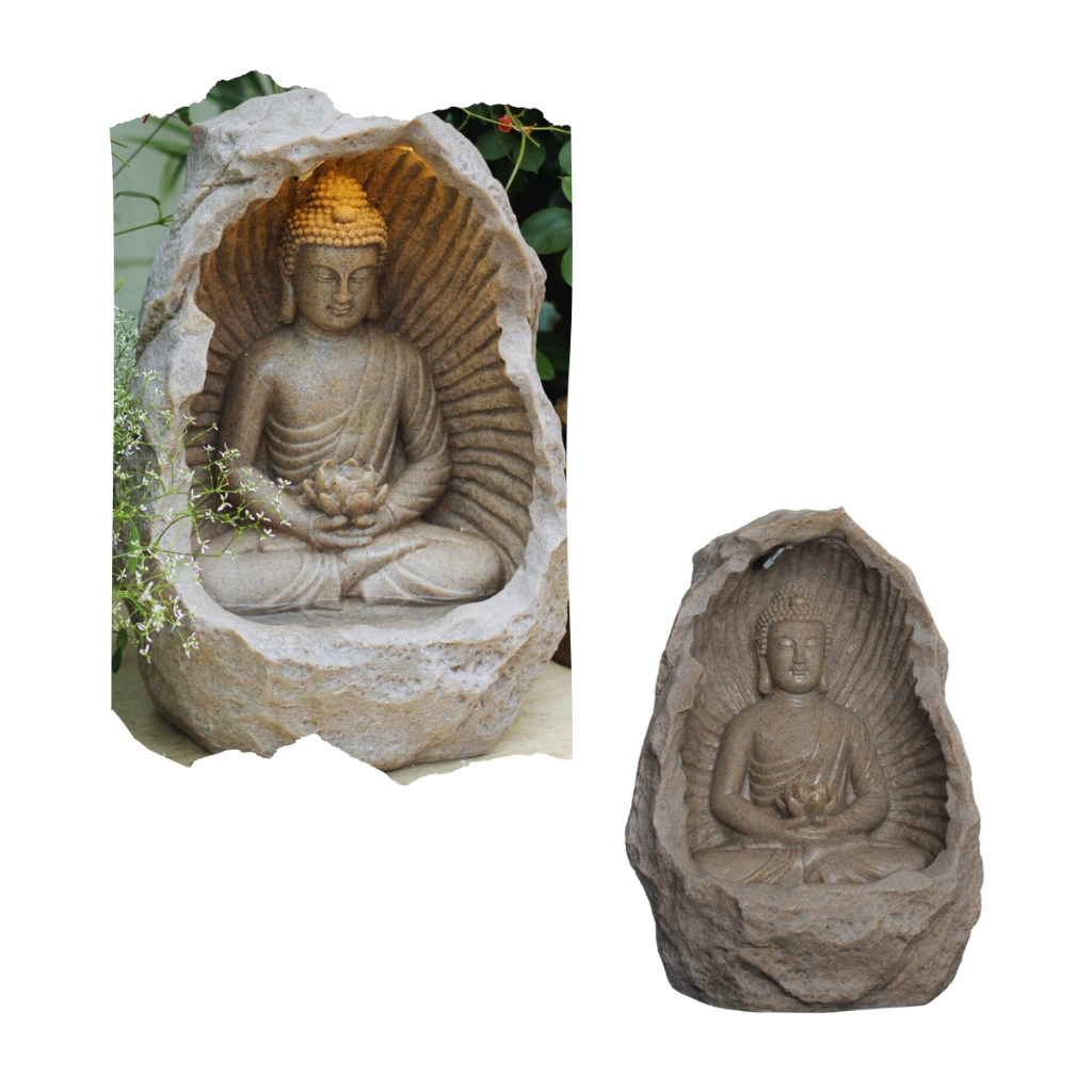 Fonte Água Buda Cascata Flor de Lotus Led Decoração Jardim Iluminada Hindu Natureza Luxo Terapeutico