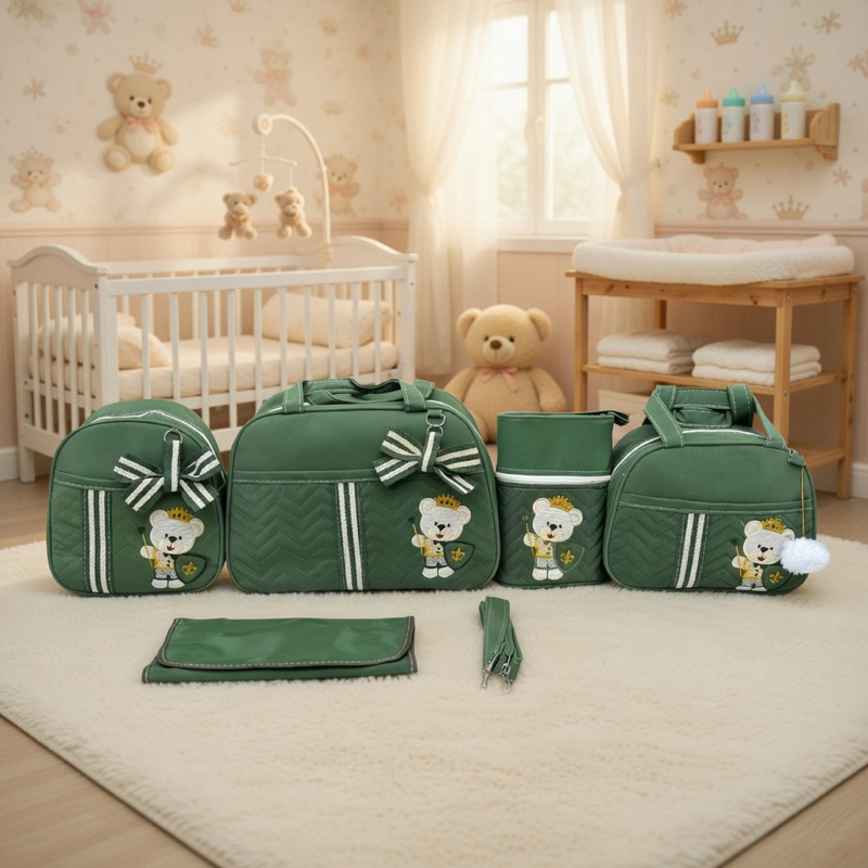 Kit Bolsa Maternidade 5 Peças Para Bebê Menino Urso Guerreiro / Com Mochila / Térmica e Impermeável